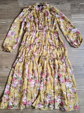 OPT Dress Womens S Yellow Floral Chiffon Midi Felicity Guest Boho Cottagecore
